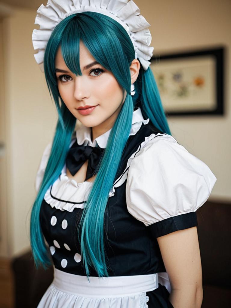 Realistic Portrait of Woman in Blue Hair Maid Costume Cosplay