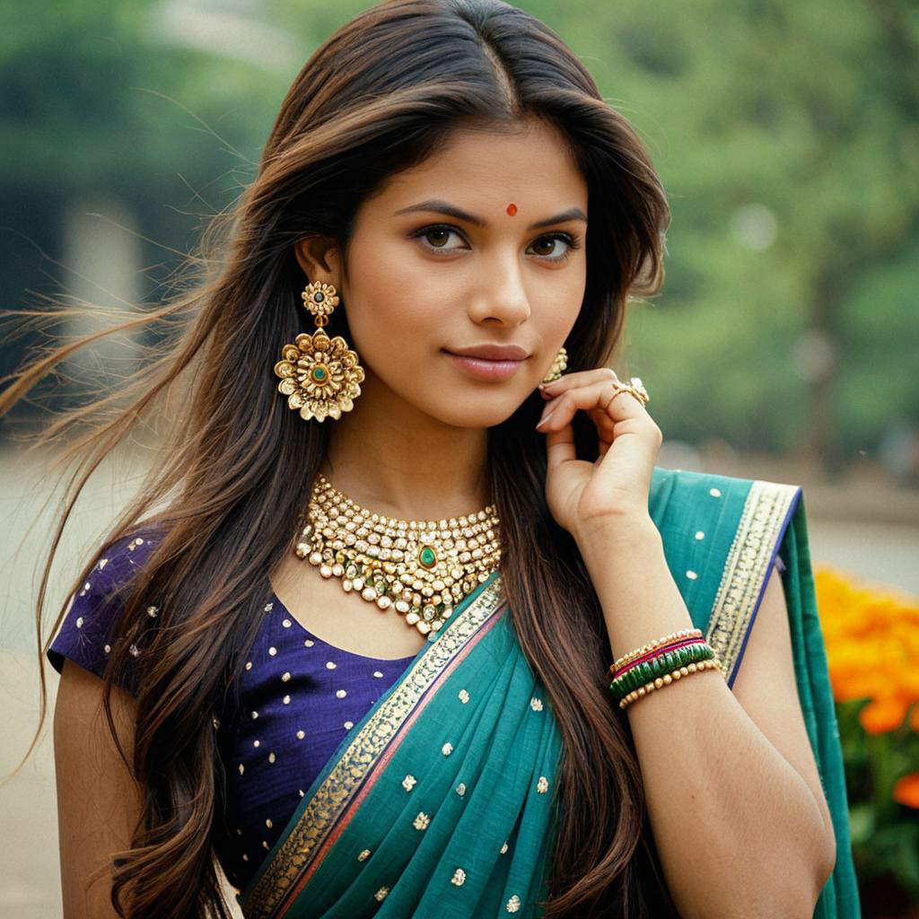 Young Woman in Teal Navy Saree with Gold Embroidery Young Woman in Teal Navy Saree with Gold Embroidery