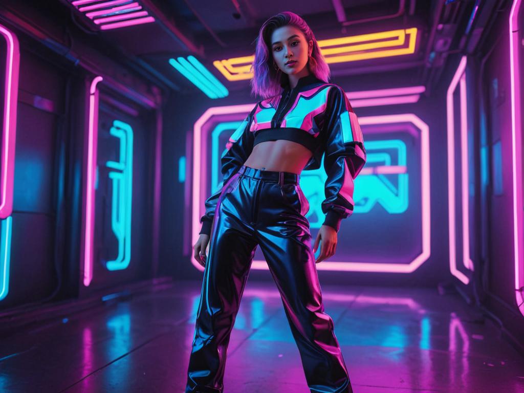 Stylish Woman in Neon Futuristic Setting