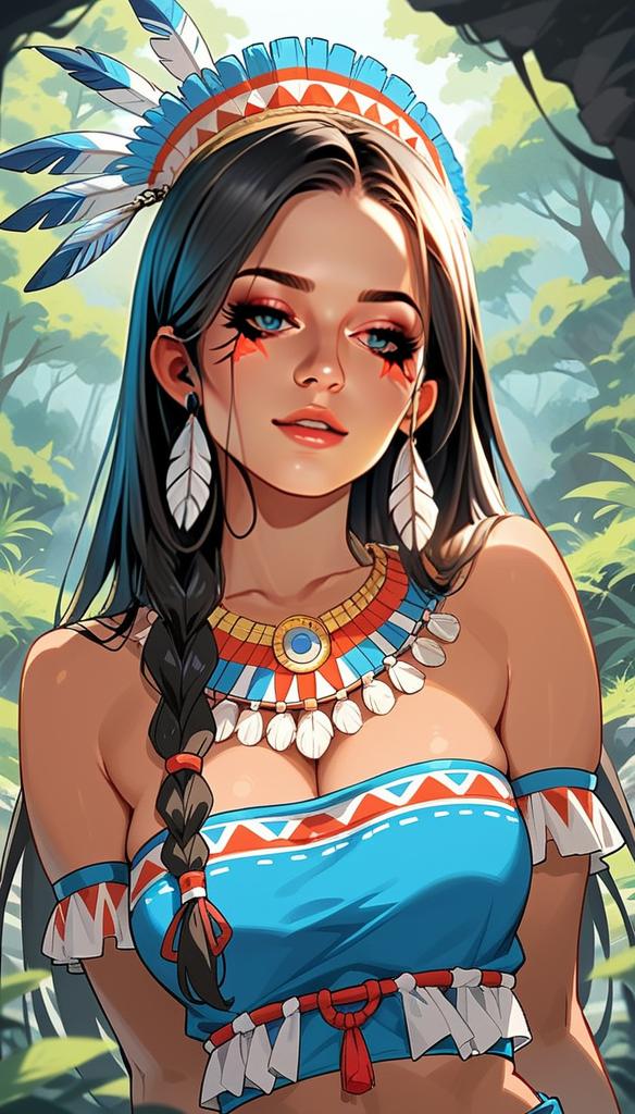 Tribal Inspired Woman in Blue Outfit with Feather Headdress Digital Art