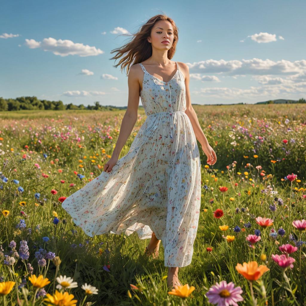 Woman in Floral Dress in Wildflower Field