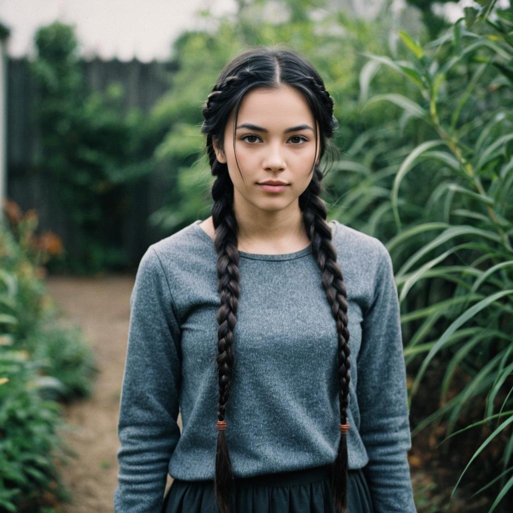 Portrait of Woman with Black Hair Braids in Garden Wearing Grey Shirt
