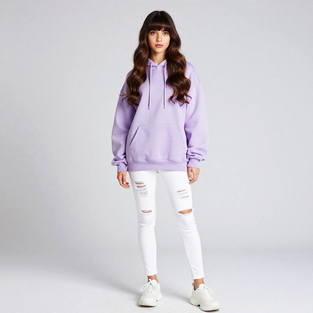 Trendy Gen Z Woman in Pastel Purple Hoodie and Ripped White Jeans
