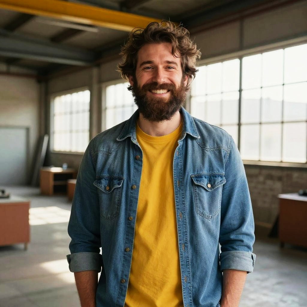 Gen Z Man in Casual Denim Outfit Smiling in Industrial Office