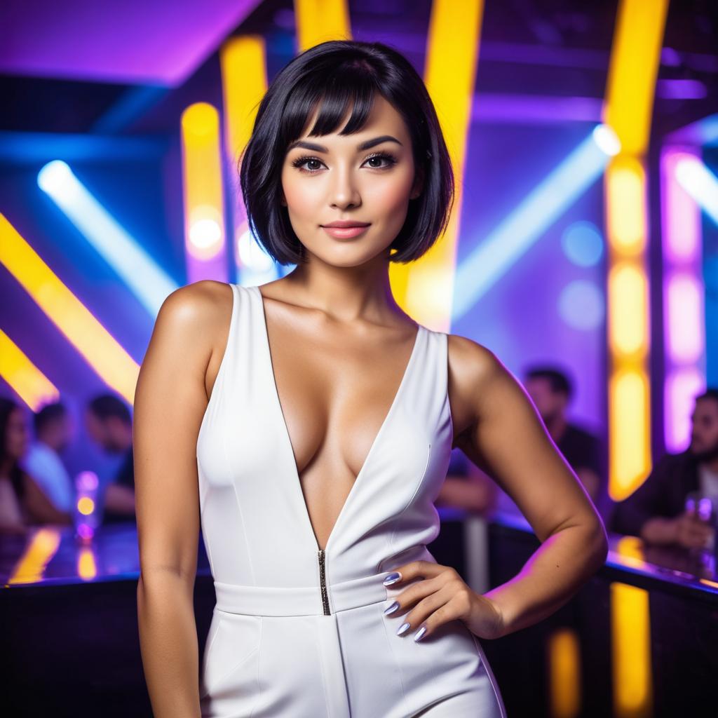 Confident Woman in White Jumpsuit at Neon-Lit Nightclub