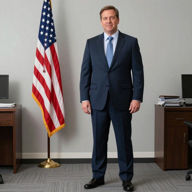 Man in Navy Suit Standing by American Flag in Office