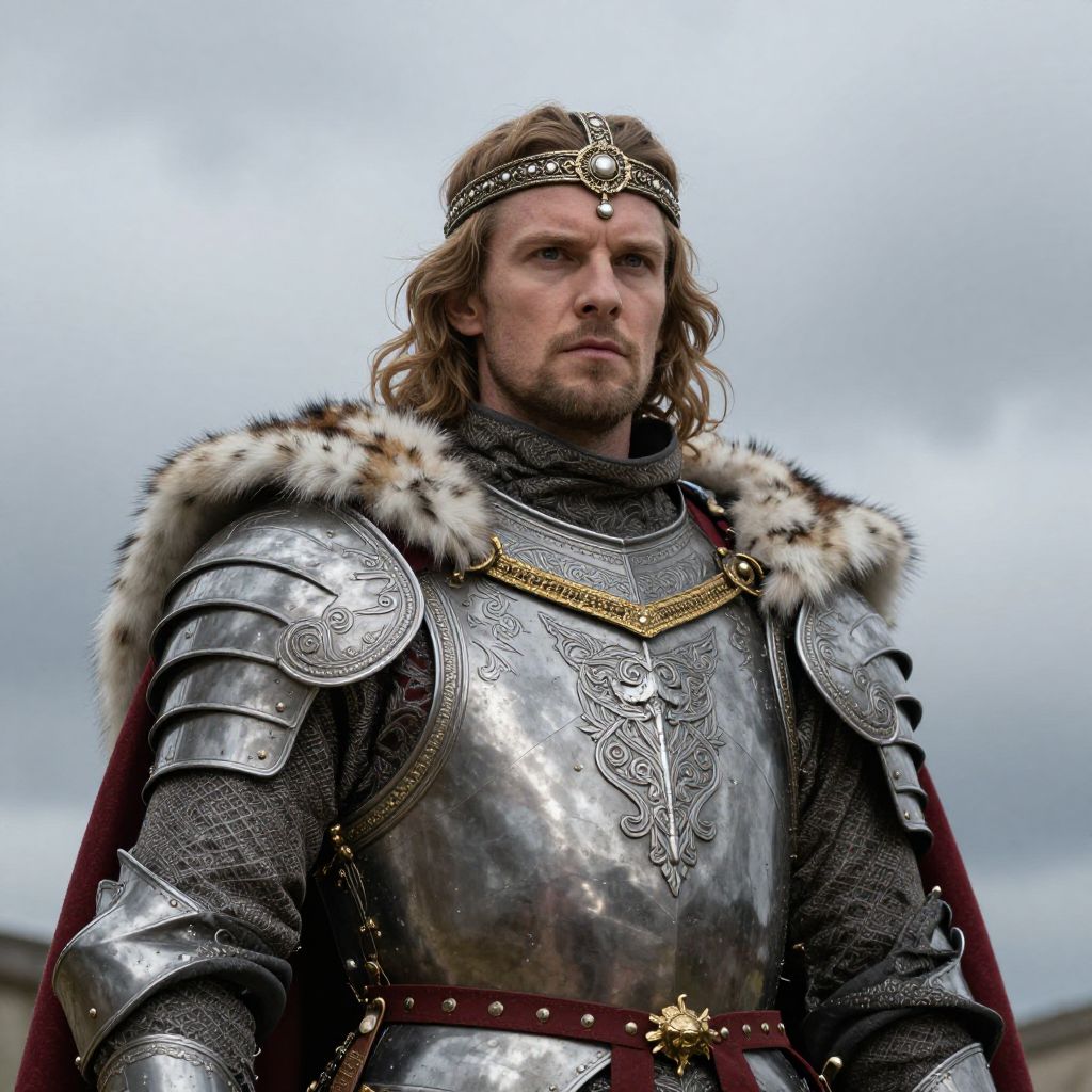 Medieval King in Ornate Silver Armor with Crown and Fur Cloak