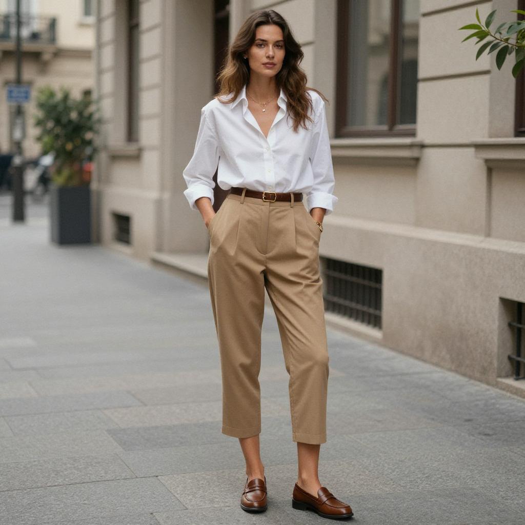 Woman in Chic Business Casual Outfit with Beige Trousers and White Shirt on City Street