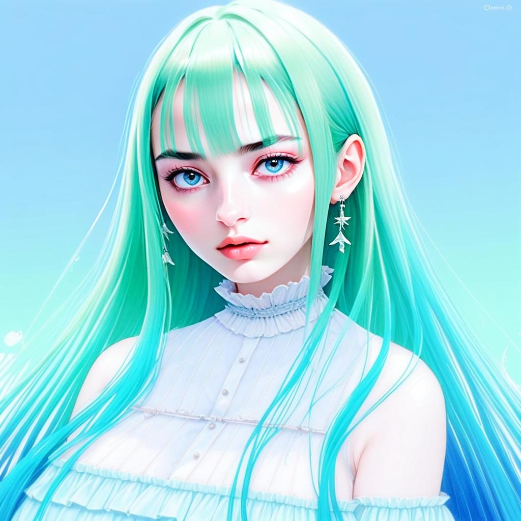 Anime Portrait of Woman with Turquoise Hair and Blue Eyes