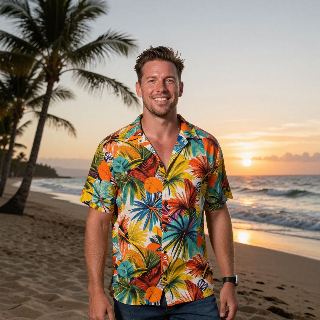 Man in Vibrant Tropical Hawaiian Shirt on Beach at Sunset