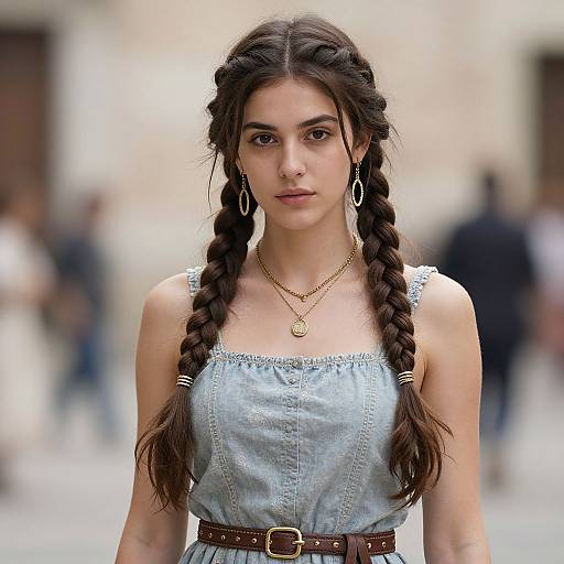 Confident Young Woman in Denim Dress with Braided Hair Outdoors