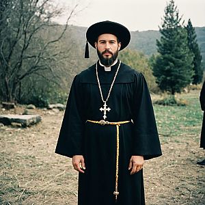 Traditional Priest Outdoors with Mountains