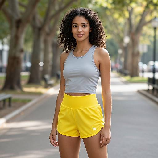 Young Woman in Yellow Athletic Shorts and Gray Crop Top Outdoors