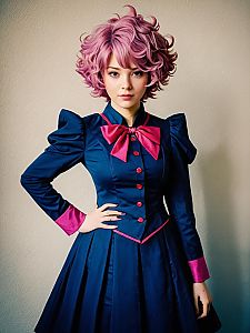 Realistic Mina Ashido Cosplay Woman in Navy Blue Dress with Pink Wig