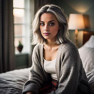 Young Woman in Cozy Sweater on Bed