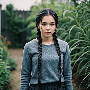 Portrait of Woman with Black Hair Braids in Garden Wearing Grey Shirt