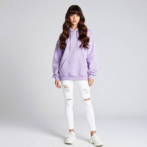 Trendy Gen Z Woman in Pastel Purple Hoodie and Ripped White Jeans