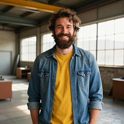 Gen Z Man in Casual Denim Outfit Smiling in Industrial Office