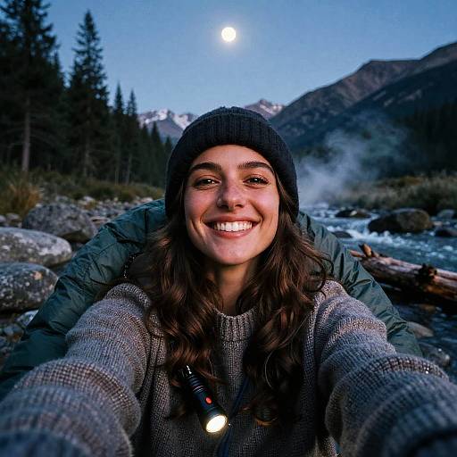 Young Woman Camping in Mountain River Landscape at Twilight