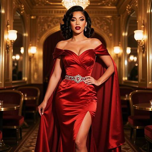 Elegant Woman in Red Satin Gown with Cape in Vintage Luxury Setting