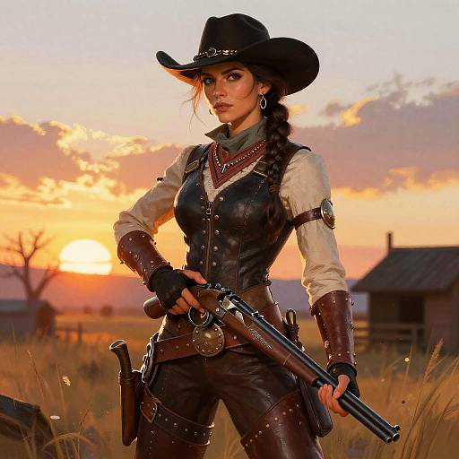 Western Cowboy Woman Holding Double-Barreled Rifle at Sunset