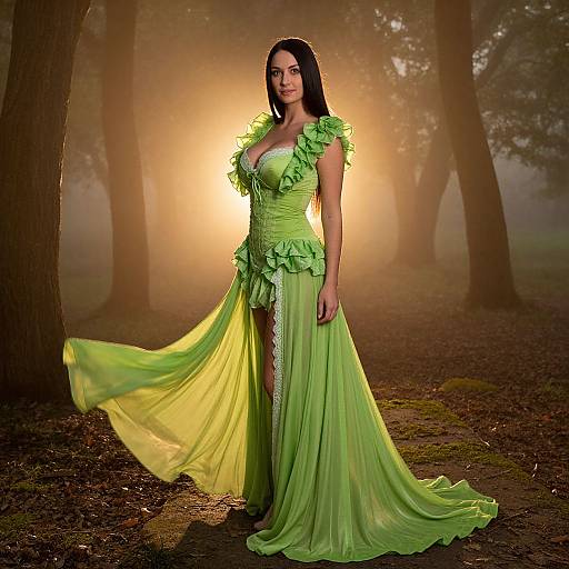 Woman in Flowing Lime Green Gown Standing in Misty Forest