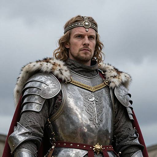 Medieval King in Ornate Silver Armor with Crown and Fur Cloak