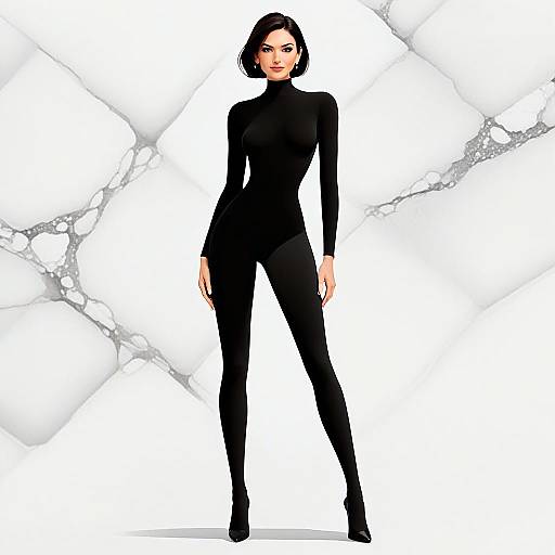 Confident Woman in Sleek Black Bodysuit Posing in Modern Geometric Setting