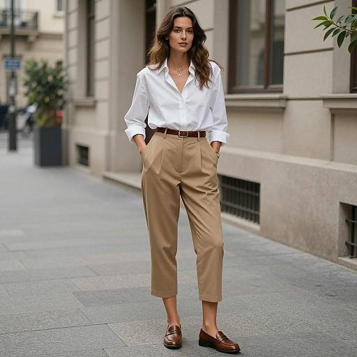 Woman in Chic Business Casual Outfit with Beige Trousers and White Shirt on City Street