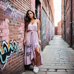 Young Woman in Lavender Dress Against Graffiti Wall