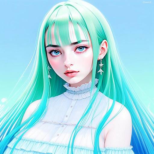 Anime Portrait of Woman with Turquoise Hair and Blue Eyes