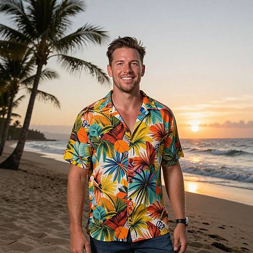 Man in Vibrant Tropical Hawaiian Shirt on Beach at Sunset