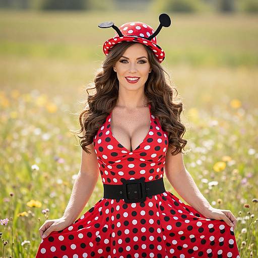 Woman in Retro Red Polka Dot Ladybug Dress and Hat in Meadow