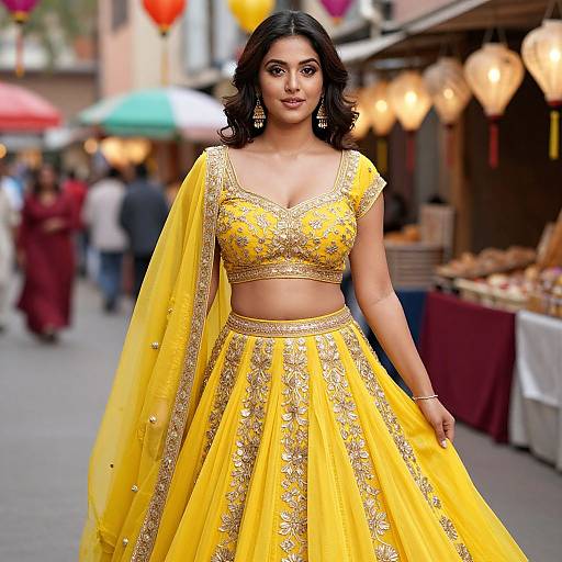 Elegant Yellow Embroidered Lehenga Outfit on Woman in Street Market