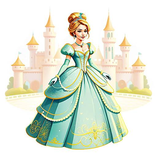 Elegant Woman in Ornate Teal Ball Gown with Castle Background Illustration