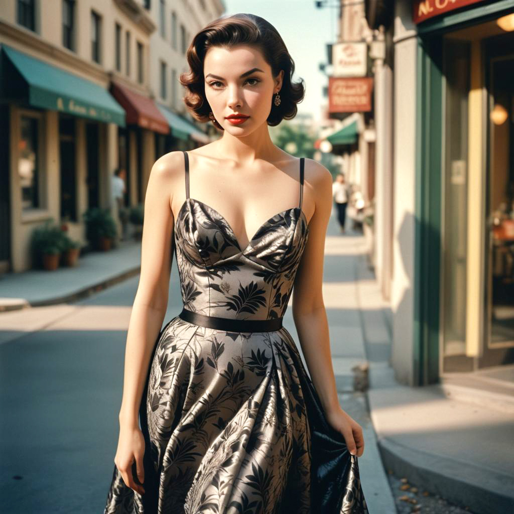 Elegant Woman in Vintage Dress on Classic Street