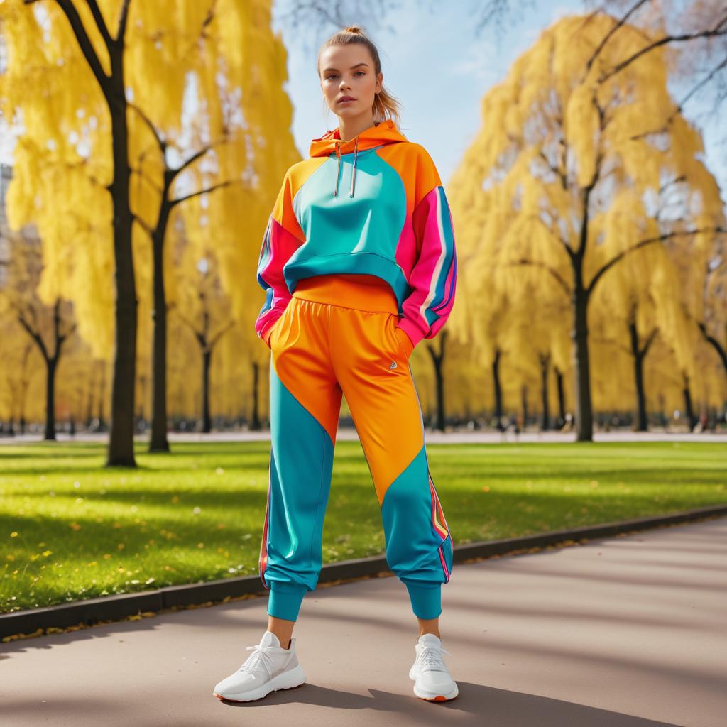 Young Woman in Colorful Tracksuit in Autumn Park