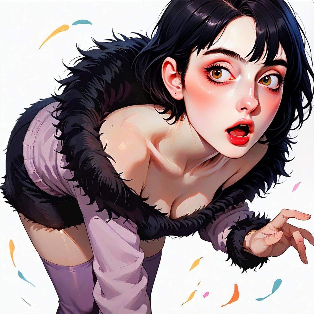 Stylized Anime-Inspired Digital Illustration of Surprised Woman in Furry Off-Shoulder Outfit