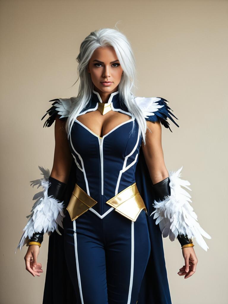 Realistic Storm Eagle Cosplay Costume Worn by Woman with White Hair