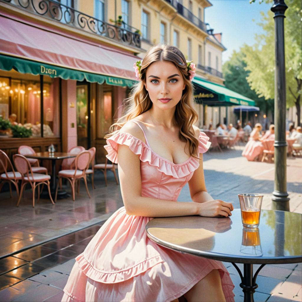 Young Woman in Pink Dress at Outdoor Café