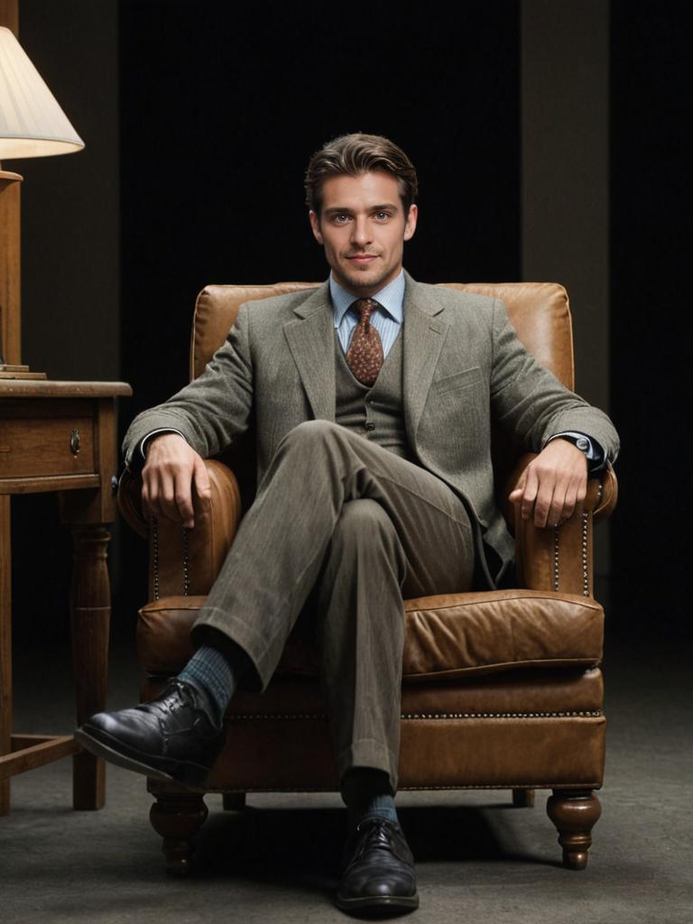 Confident man in stylish suit seated in leather chair