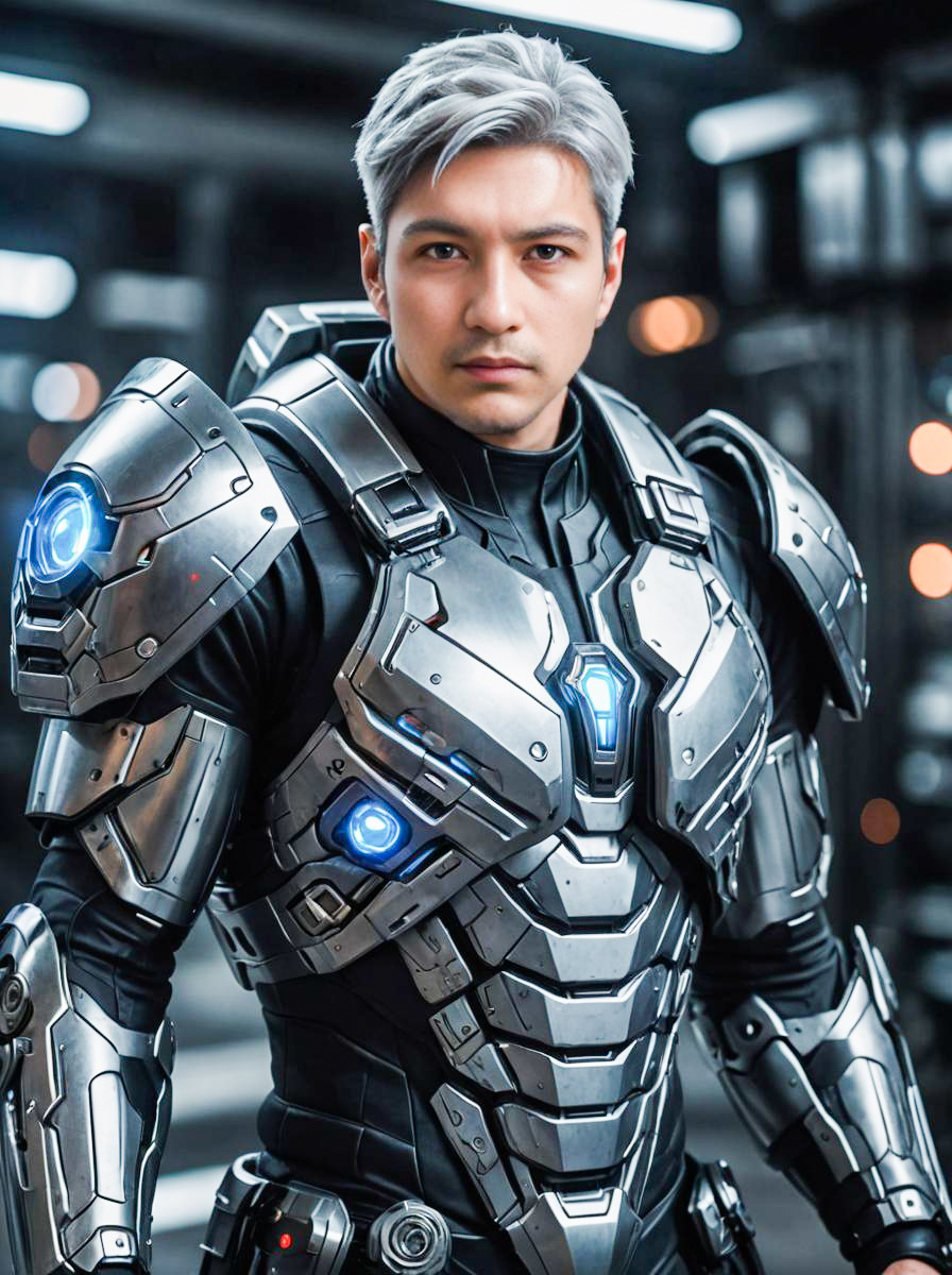 Futuristic Armored Suit with Blue Accents