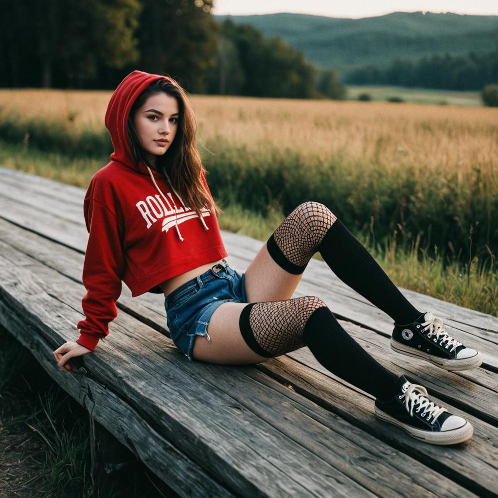 Young Woman in Red Hoodie and Fishnet Socks Sitting Outdoors on Wooden Bench
