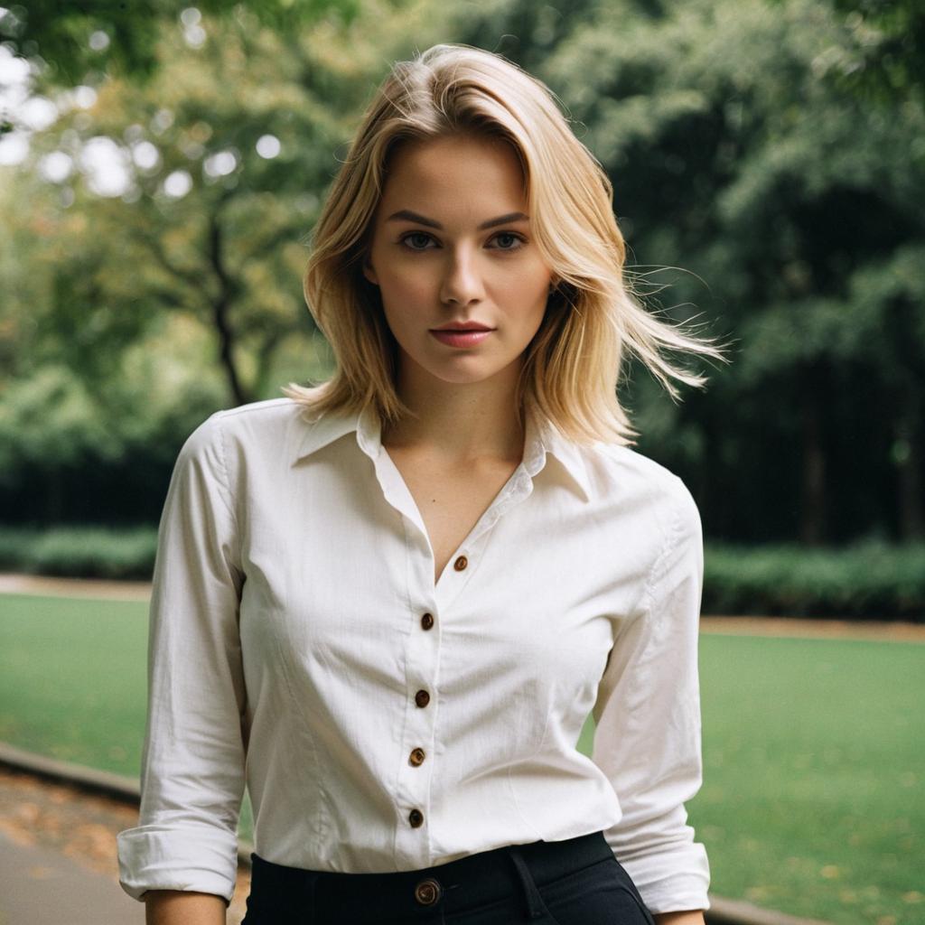 Confident Blonde Woman in White Shirt Outdoors - Realistic Portrait Confident Blonde Woman in White Shirt Outdoors - Realistic Portrait