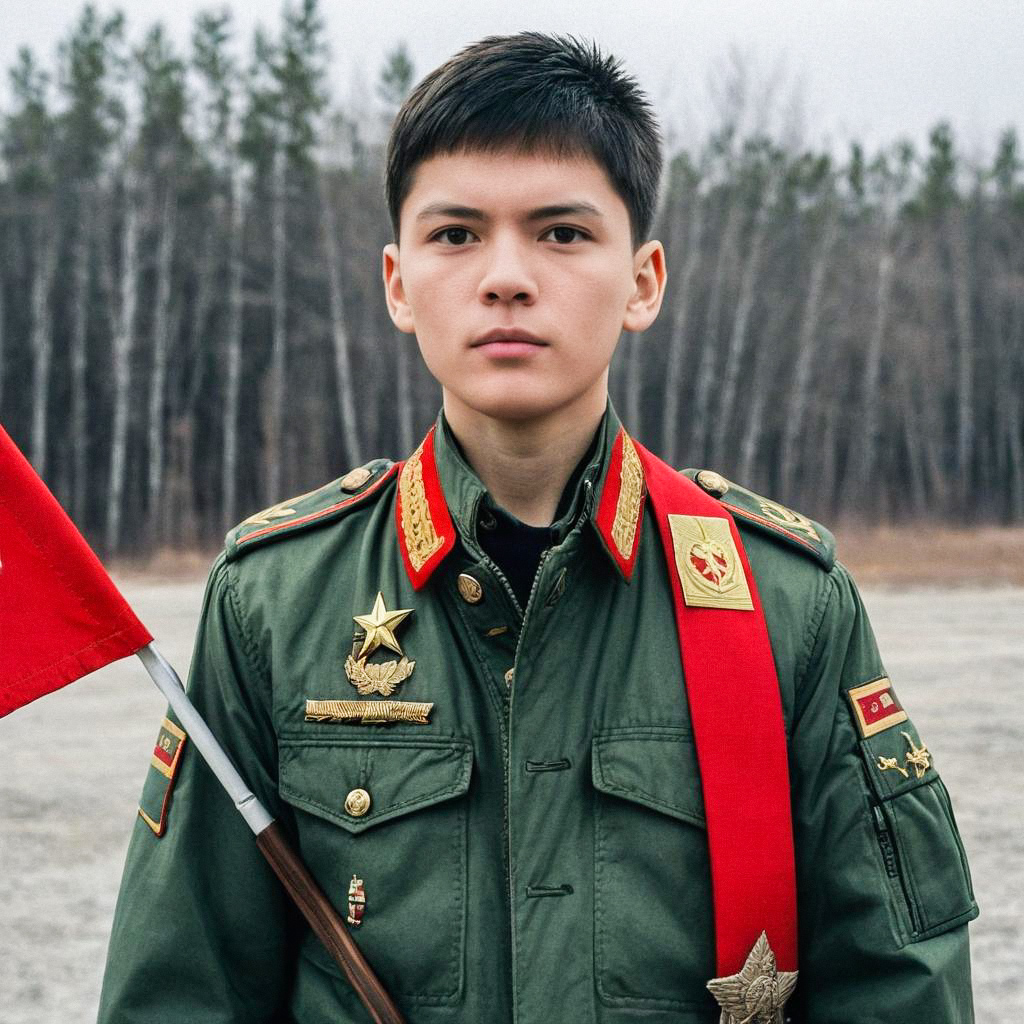 Young Man in Military Uniform with Red Flag Young Man in Military Uniform with Red Flag