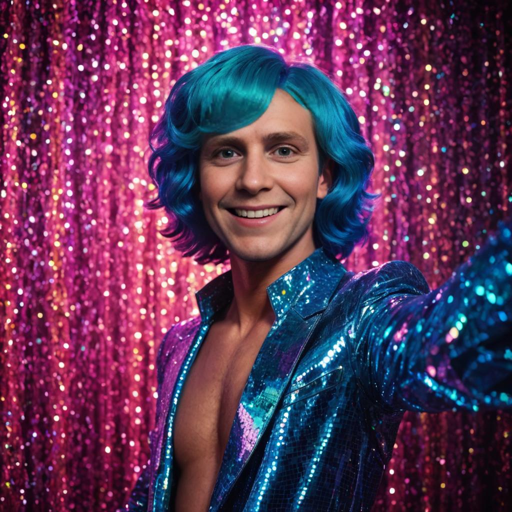 Exuberant Man with Blue Hair in Sequined Jacket