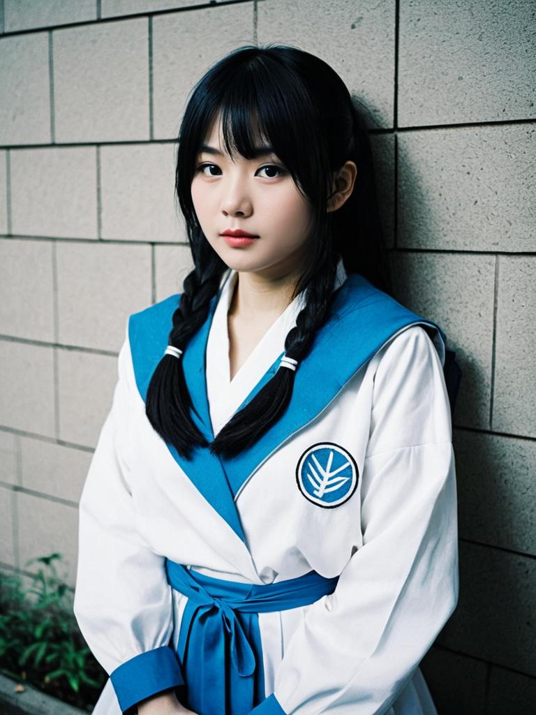 Realistic Cosplay Woman as Yuki Tsukumo in Blue and White Costume