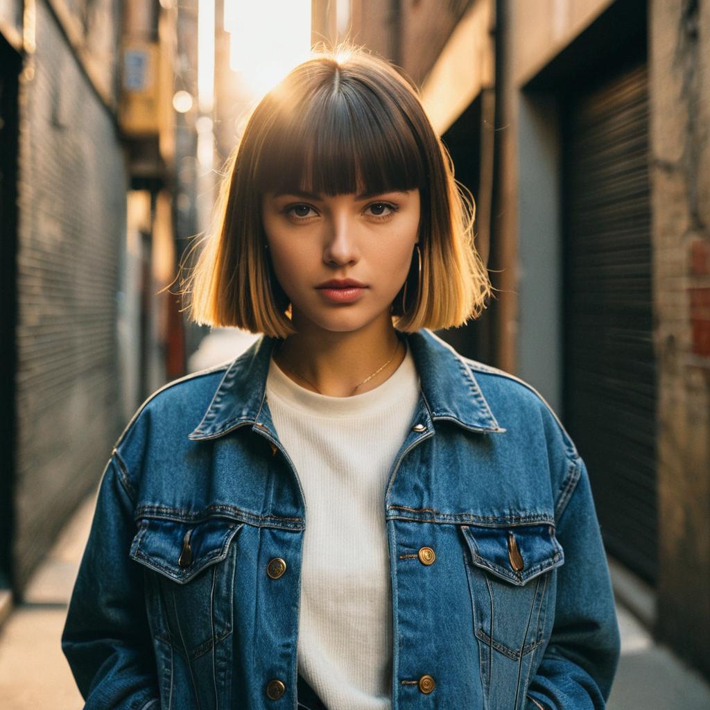Young Woman in Denim Jacket Standing in Urban Alleyway with Sunlight