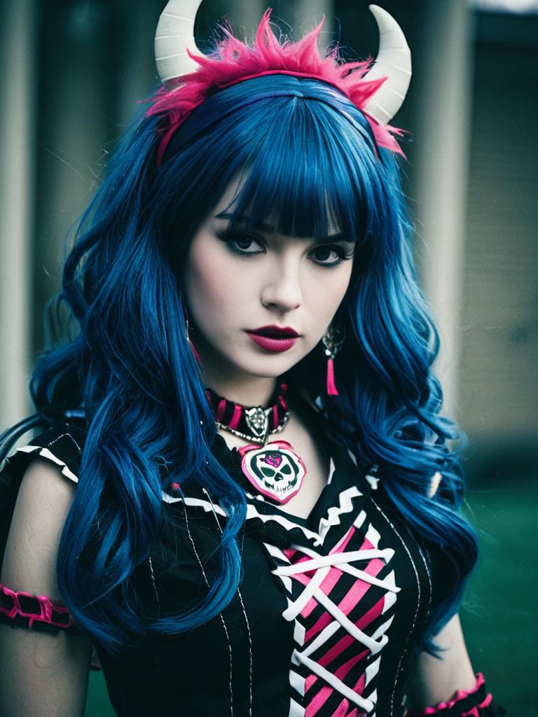 Woman in Monster High Costume with Blue Hair and Gothic Punk Style
