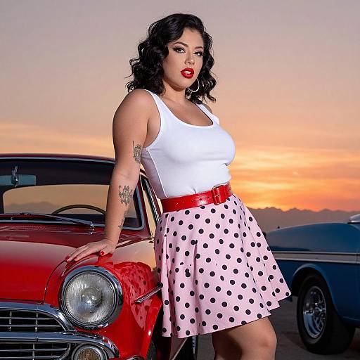 Retro Pin-Up Woman Leaning on Classic Red Vintage Car at Sunset